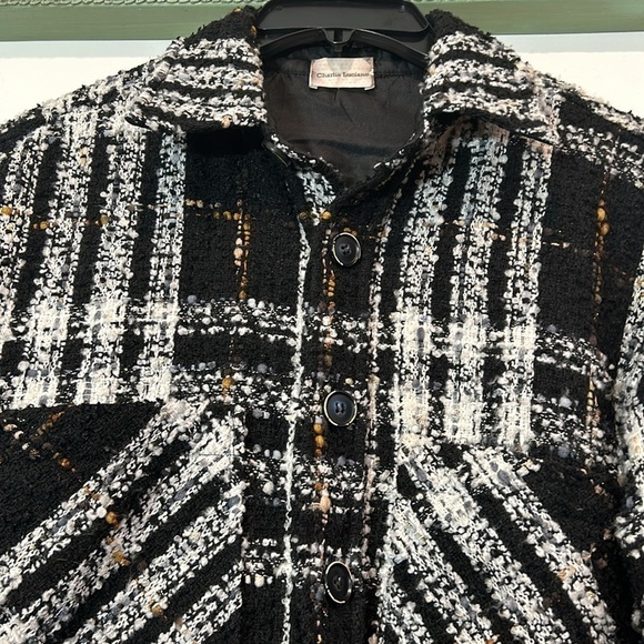 Charlie Luciano Tweed Patchwork denim Shirt shacket Black oversized medium top - Picture 7 of 9